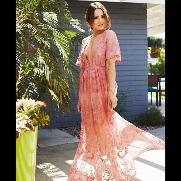 Pink lace maxi romper embroidered bridesmaid dress - Picture 3 of 3